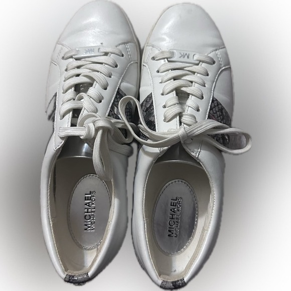 Michael Kors White Leather Sneakers with Snake Print Accent - Picture 2 of 11